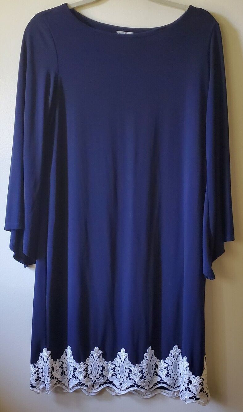 EMMA & MICHELE Black Lace Hem Long Bell Sleeve Slip On Tunic Midi Dress Size M